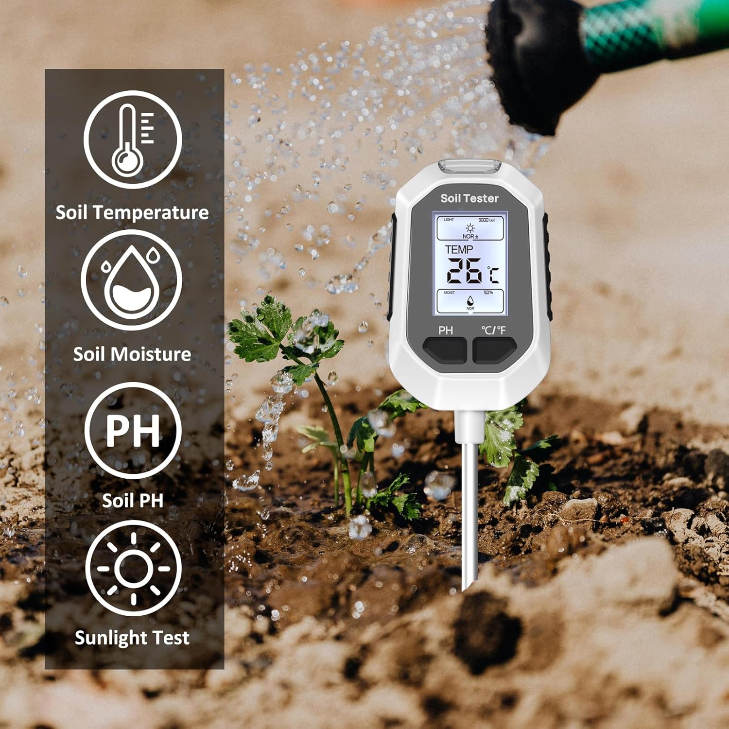 4-in-1 Soil Moisture Meter, Digital Plant Temperature/Soil Moisture Test & PH Meter/Sunlight Intensity, Backlight LCD Display for Gardening, Farming and Outdoor Plants